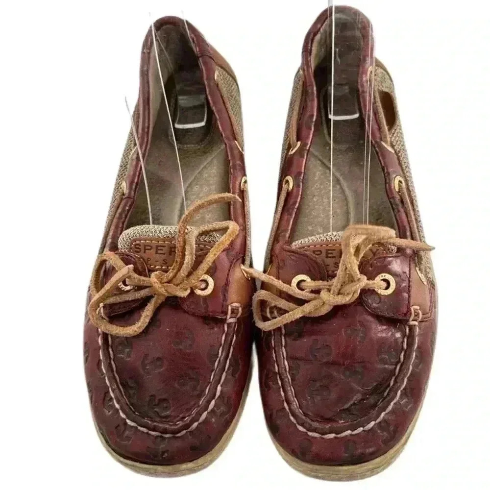 Sperry womens flats size 8 brown leather anchor embossed nautical boat shoes